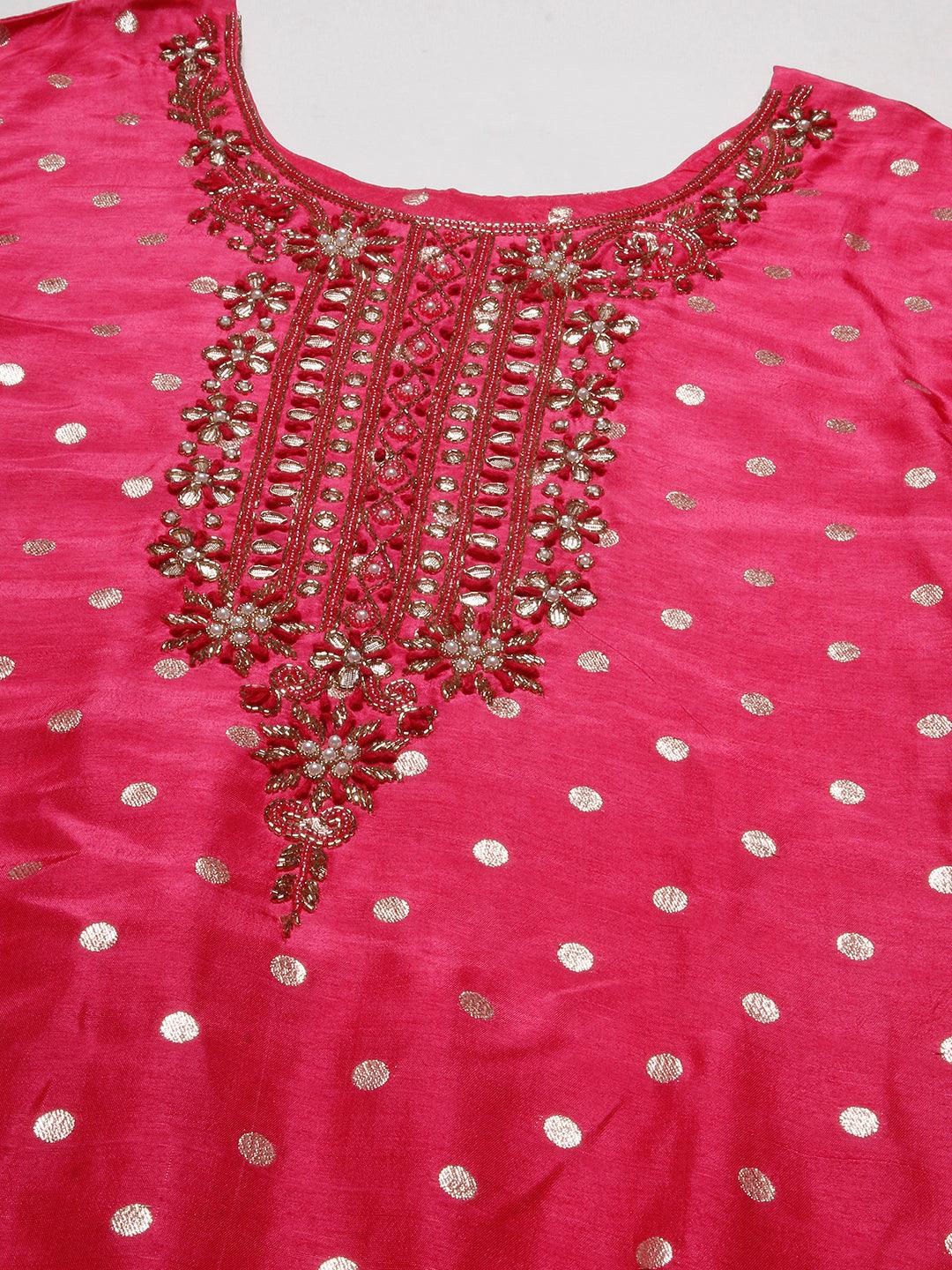 Ethnic Woven & Hand Embroidered Straight Kurta with Pant & Dupatta - Fuchsia - Indiakreations