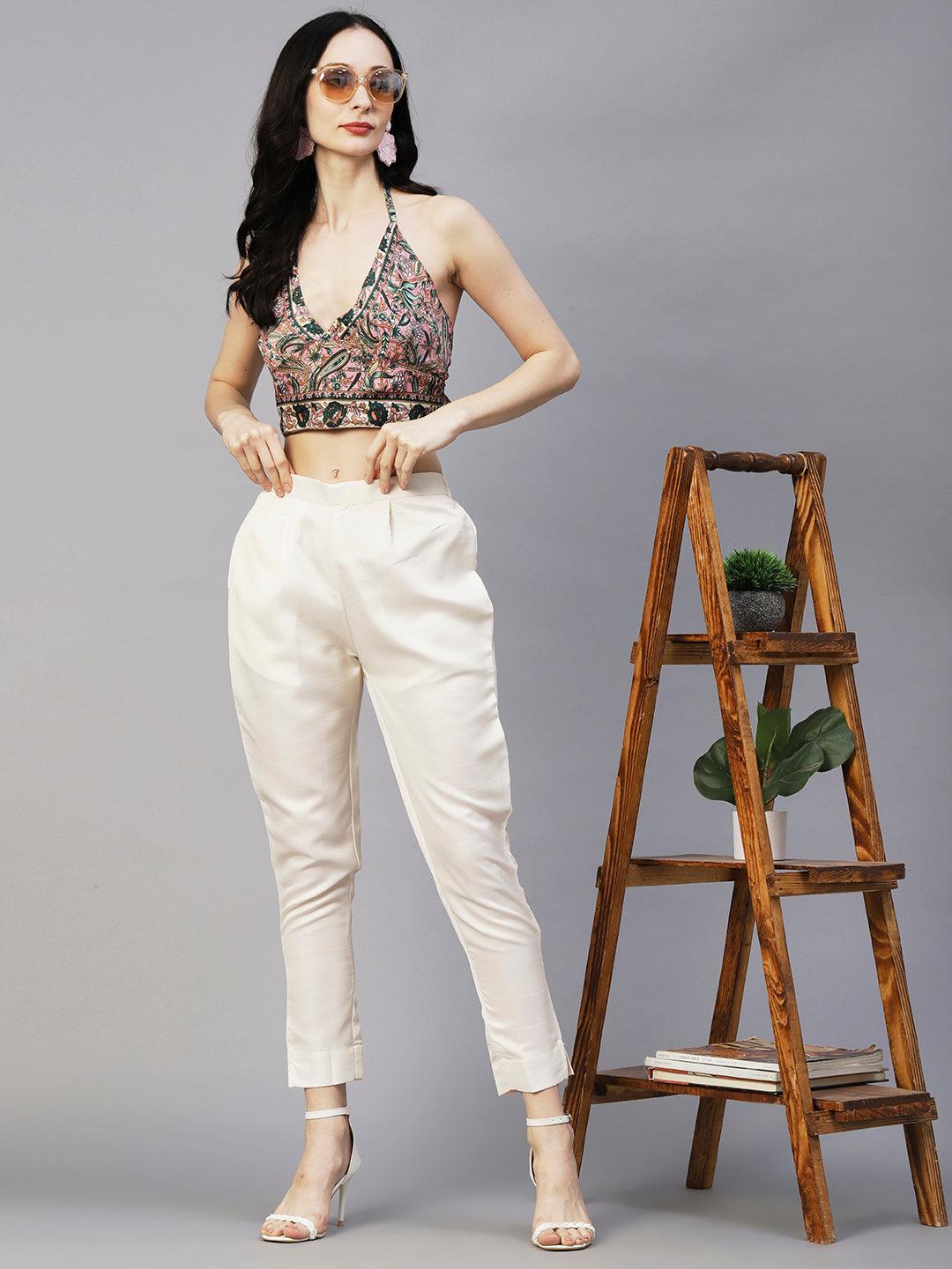 Solid Textured Straight Fit Ankle Pant - Cream - Indiakreations