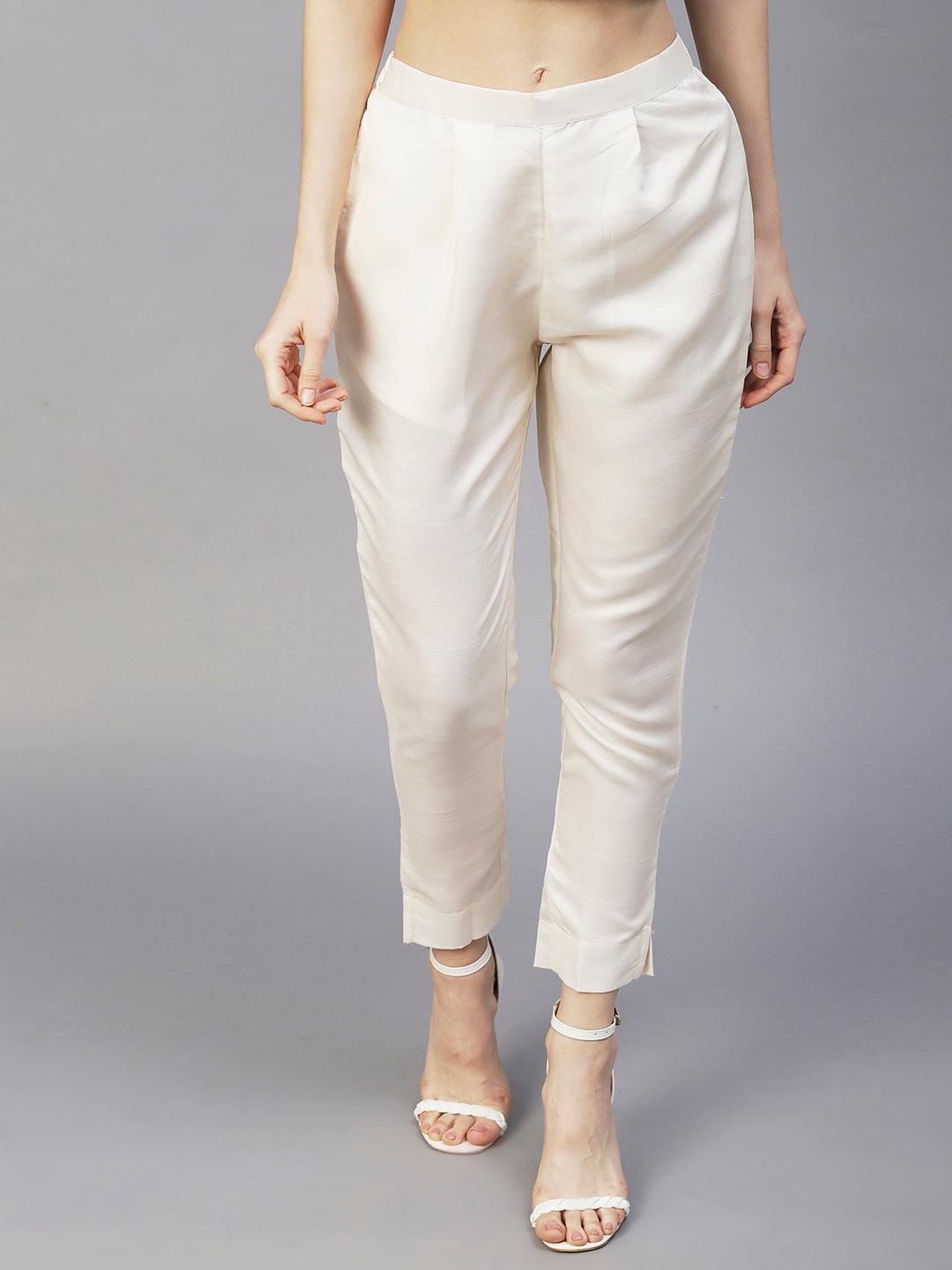 Solid Textured Straight Fit Ankle Pant - Cream - Indiakreations