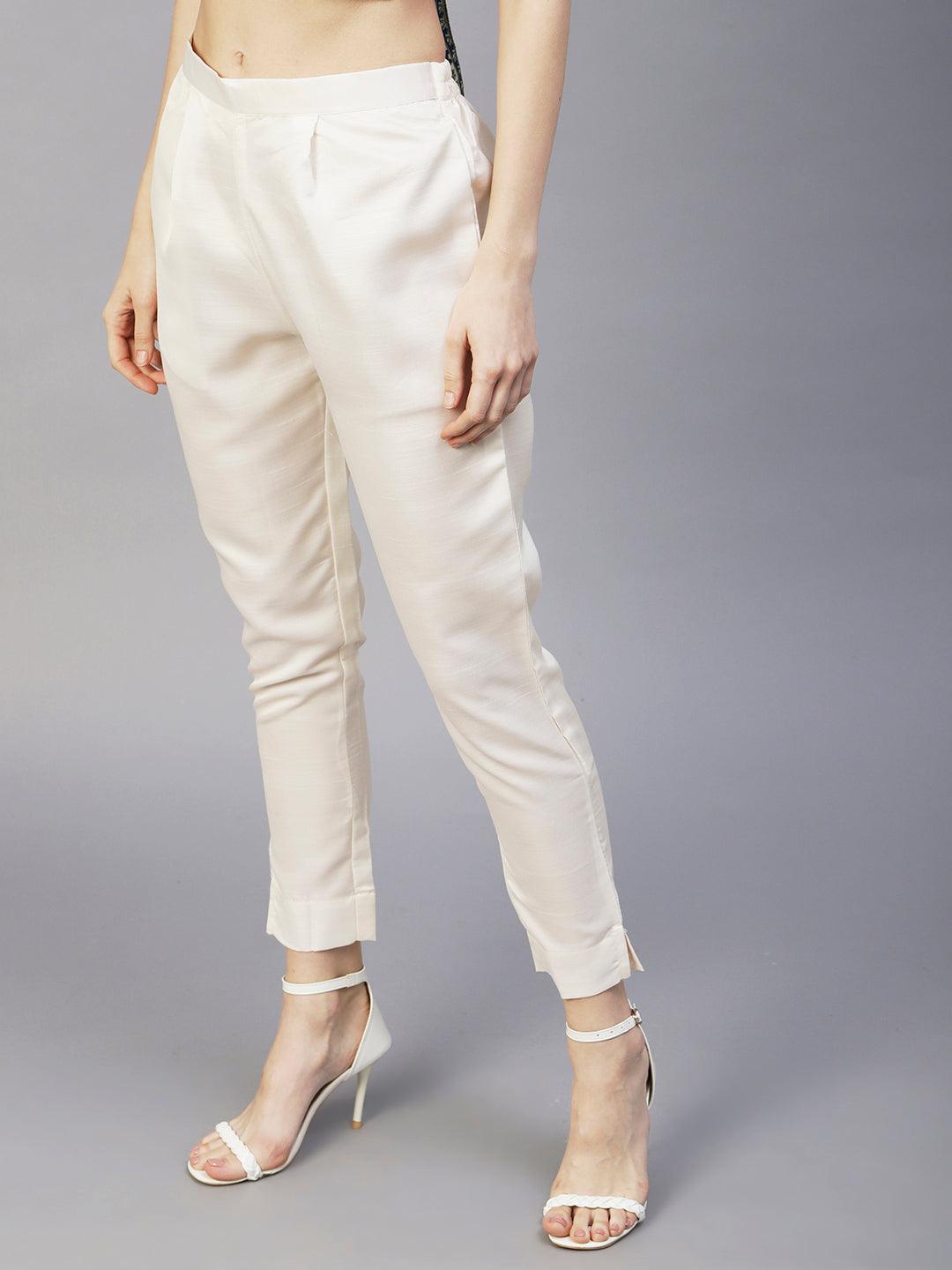 Solid Textured Straight Fit Ankle Pant - Cream - Indiakreations