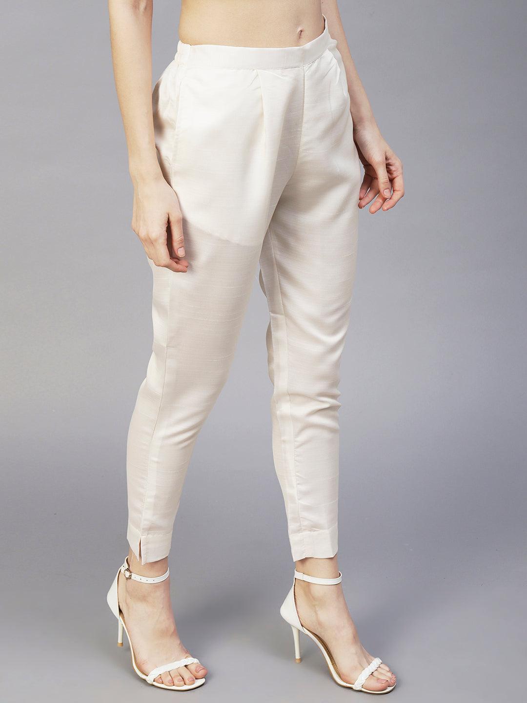 Solid Textured Straight Fit Ankle Pant - Cream - Indiakreations