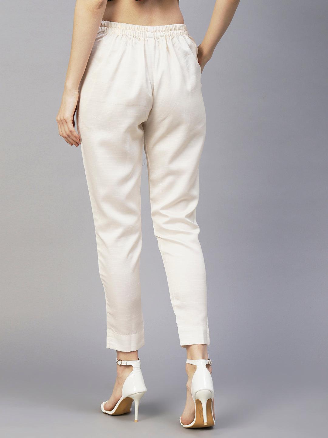 Solid Textured Straight Fit Ankle Pant - Cream - Indiakreations