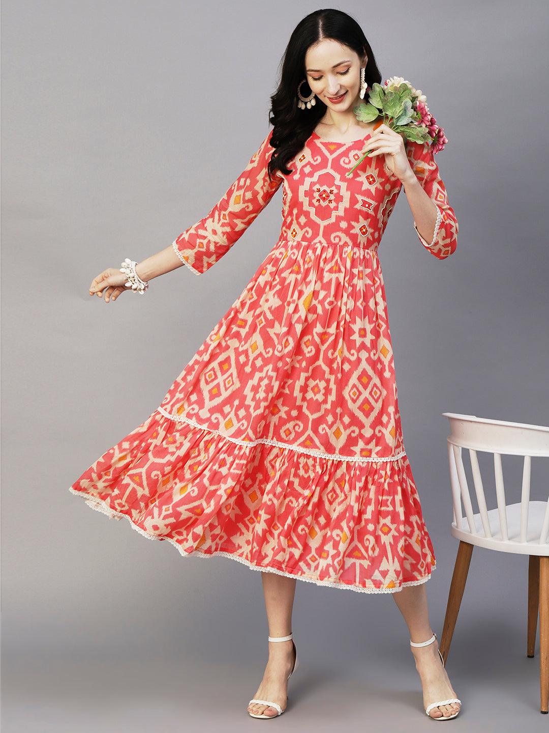 Abstract Ikkat Printed Beads & Resham Embroidered Frilled Midi Dress - Pink - Indiakreations