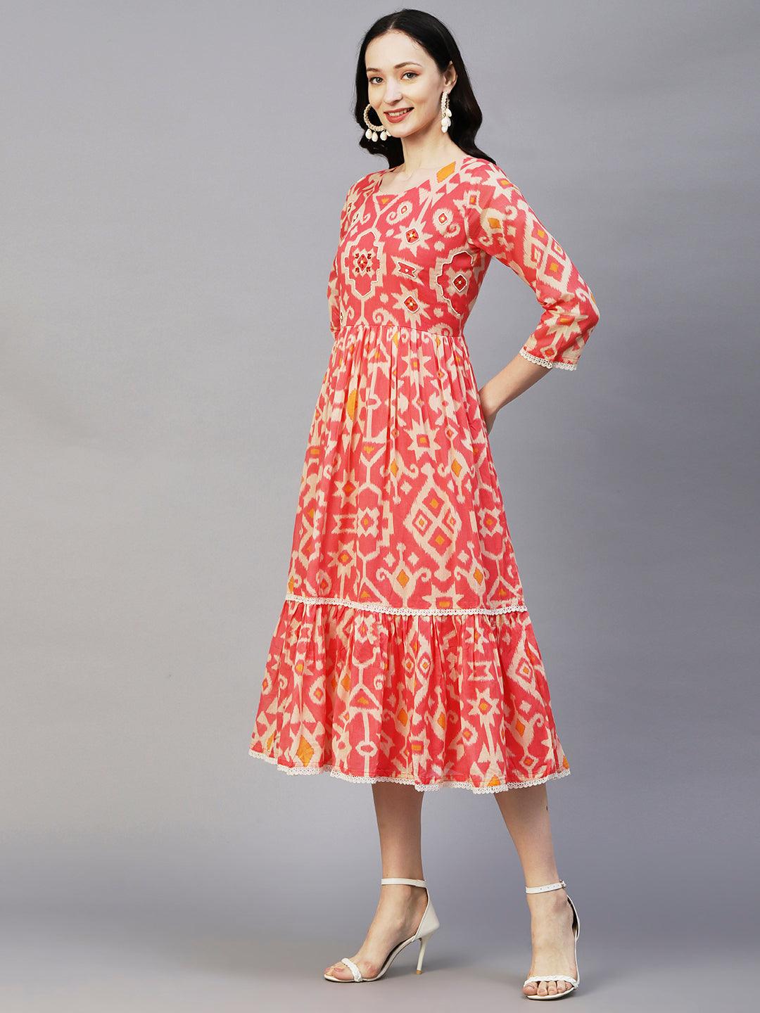 Abstract Ikkat Printed Beads & Resham Embroidered Frilled Midi Dress - Pink - Indiakreations