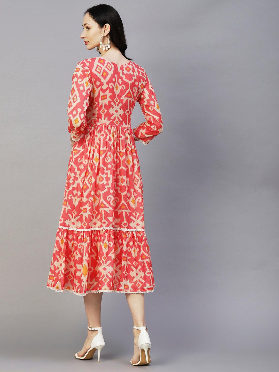 Abstract Ikkat Printed Beads & Resham Embroidered Frilled Midi Dress - Pink - Indiakreations