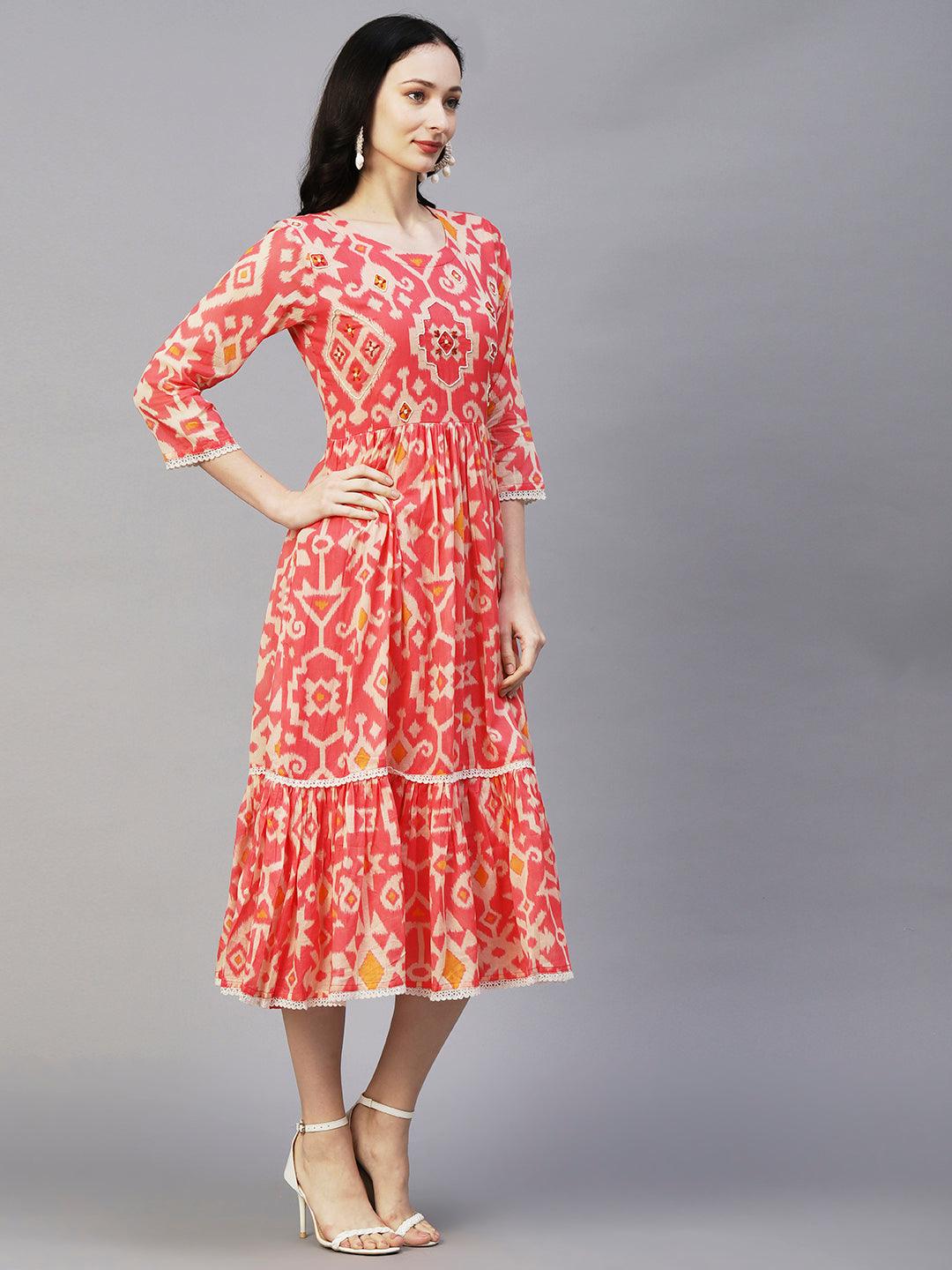 Abstract Ikkat Printed Beads & Resham Embroidered Frilled Midi Dress - Pink - Indiakreations