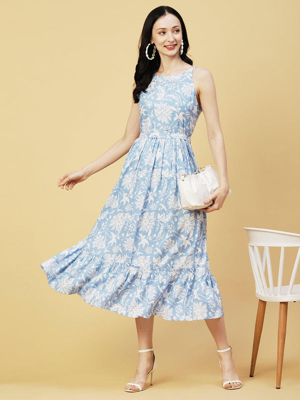 Abstract Floral Printed A-Line Fit & Flare Midi Dress with Belt - Blue - Indiakreations