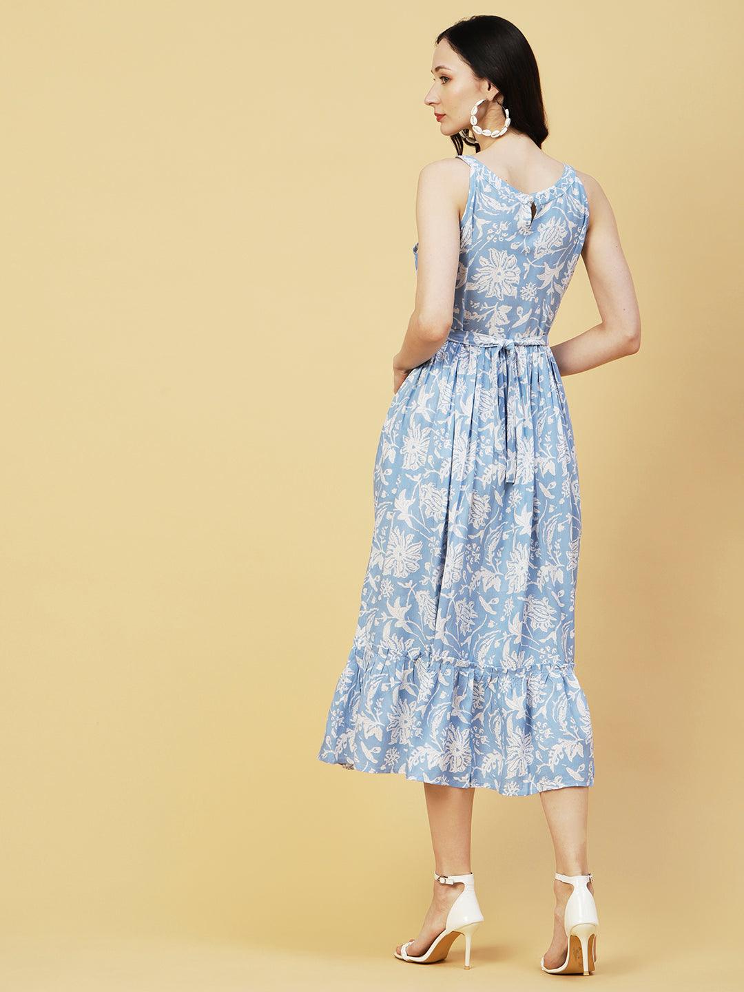 Abstract Floral Printed A-Line Fit & Flare Midi Dress with Belt - Blue - Indiakreations