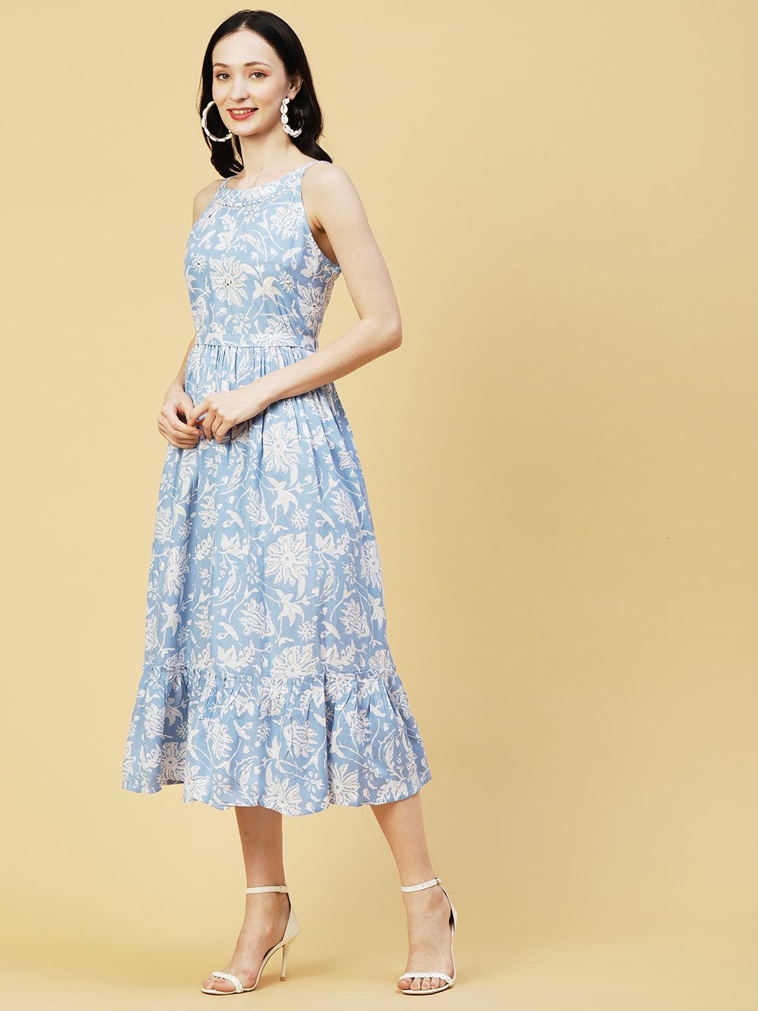 Abstract Floral Printed A-Line Fit & Flare Midi Dress with Belt - Blue - Indiakreations