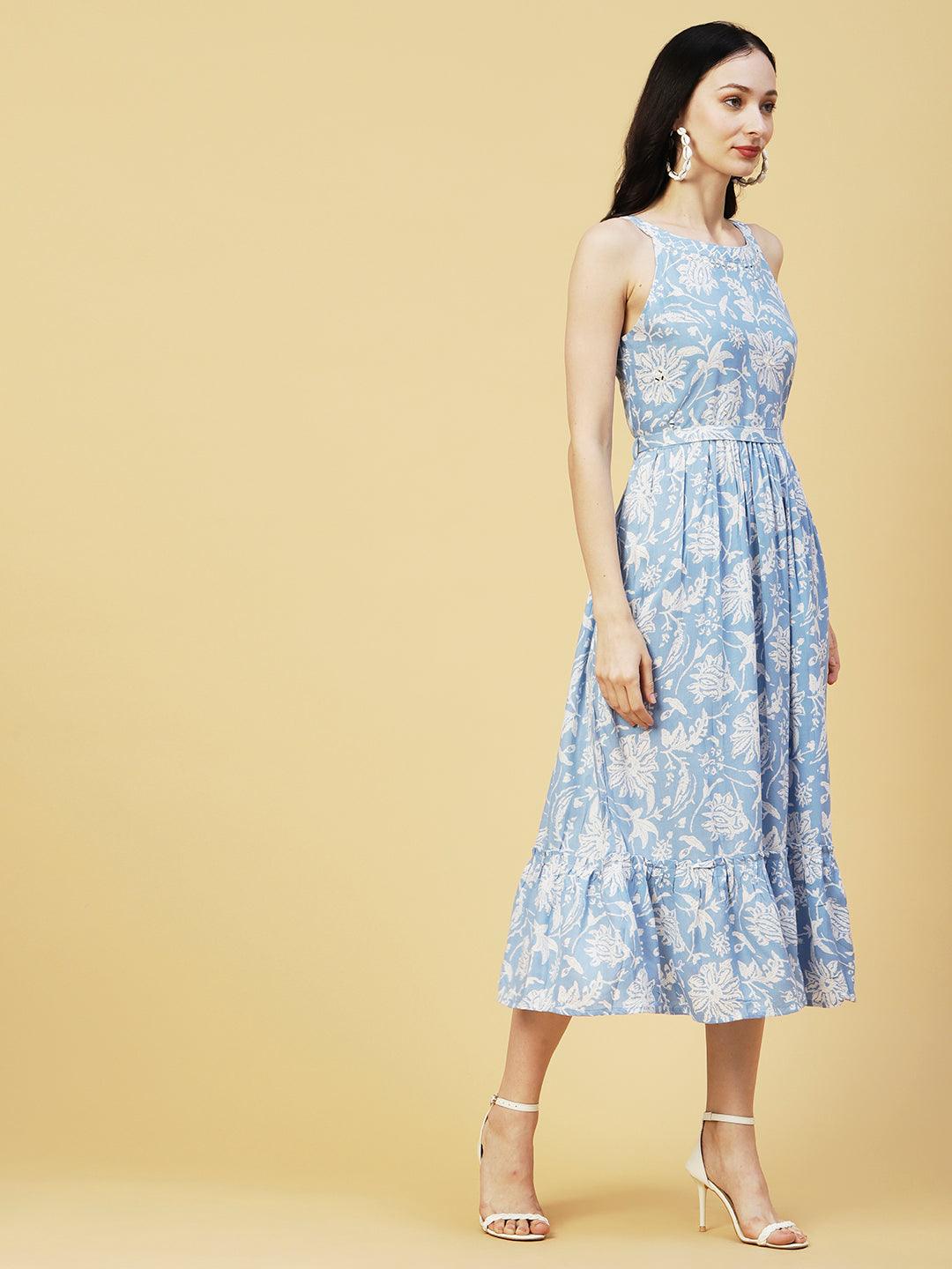 Abstract Floral Printed A-Line Fit & Flare Midi Dress with Belt - Blue - Indiakreations