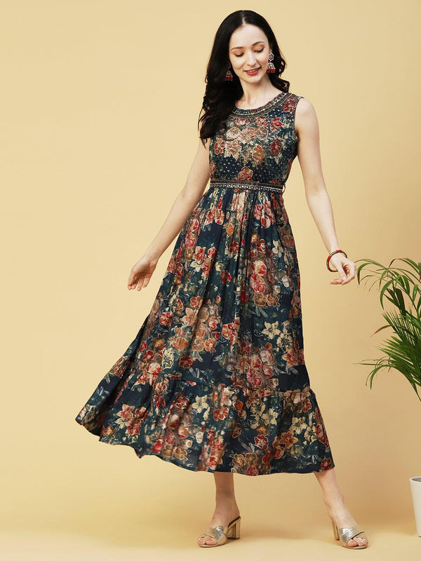 Abstract Floral Foil Printed A-Line Fit & Flare Midi Dress with Belt - Sea Green - Indiakreations