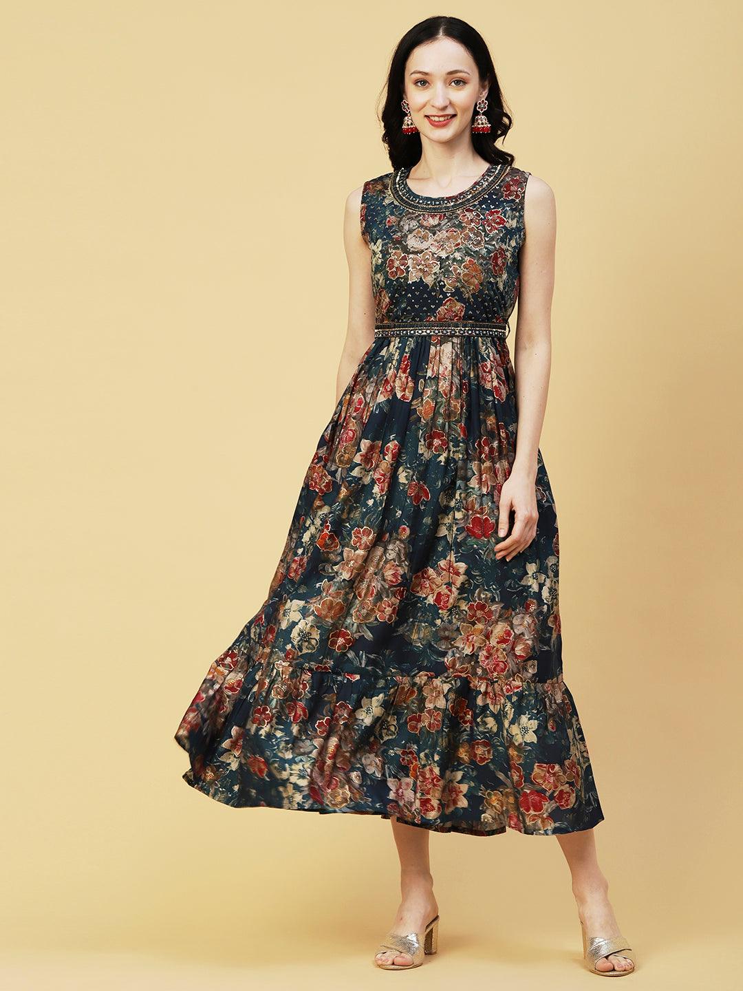 Abstract Floral Foil Printed A-Line Fit & Flare Midi Dress with Belt - Sea Green - Indiakreations