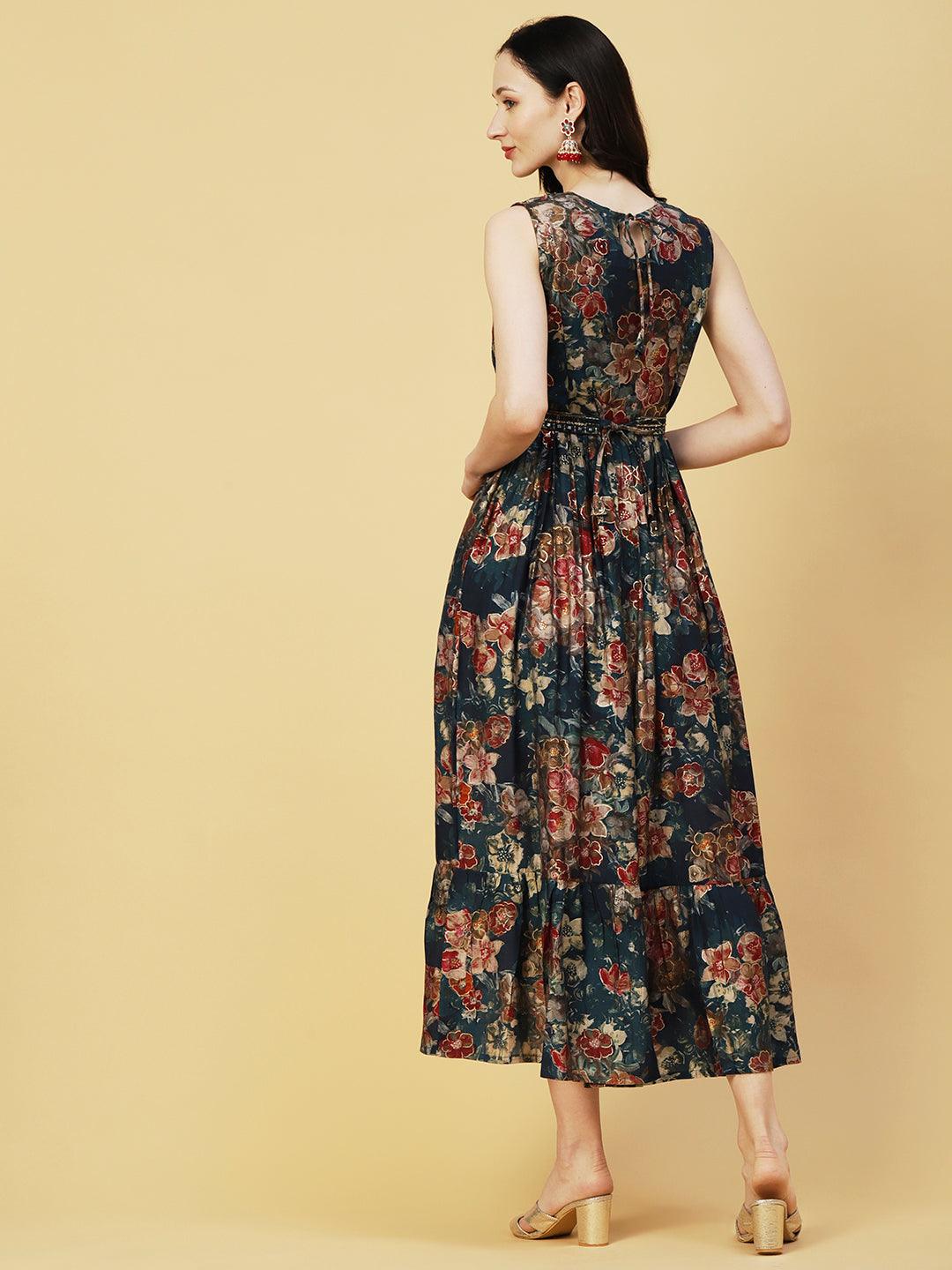 Abstract Floral Foil Printed A-Line Fit & Flare Midi Dress with Belt - Sea Green - Indiakreations