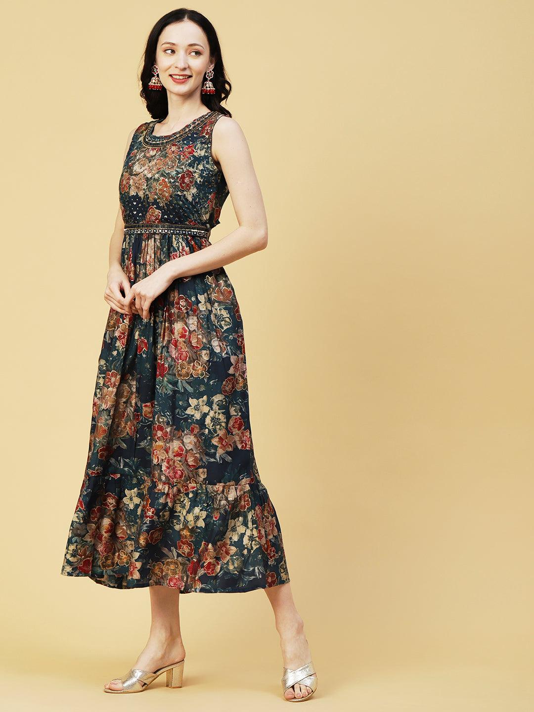 Abstract Floral Foil Printed A-Line Fit & Flare Midi Dress with Belt - Sea Green - Indiakreations