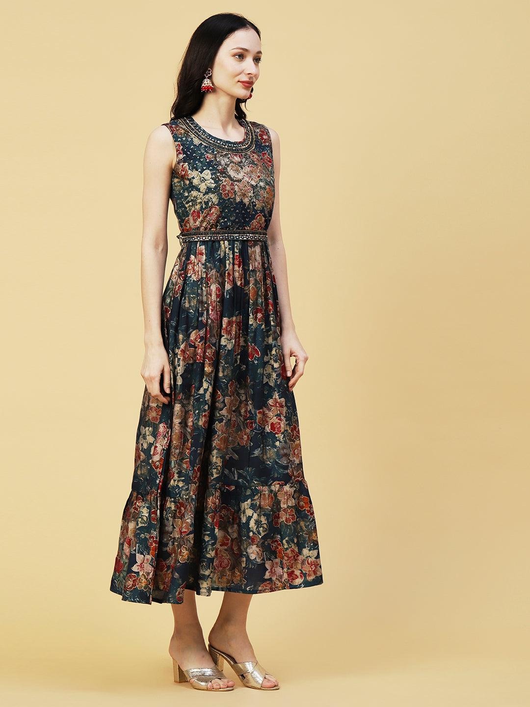 Abstract Floral Foil Printed A-Line Fit & Flare Midi Dress with Belt - Sea Green - Indiakreations