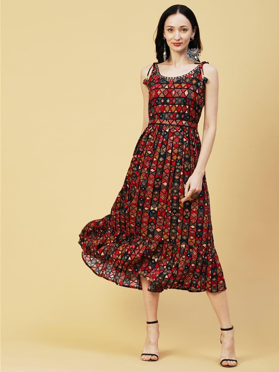 Abstract Geometric Foil Printed A-Line Fit & Flare Midi Dress with Belt - Multi - Indiakreations