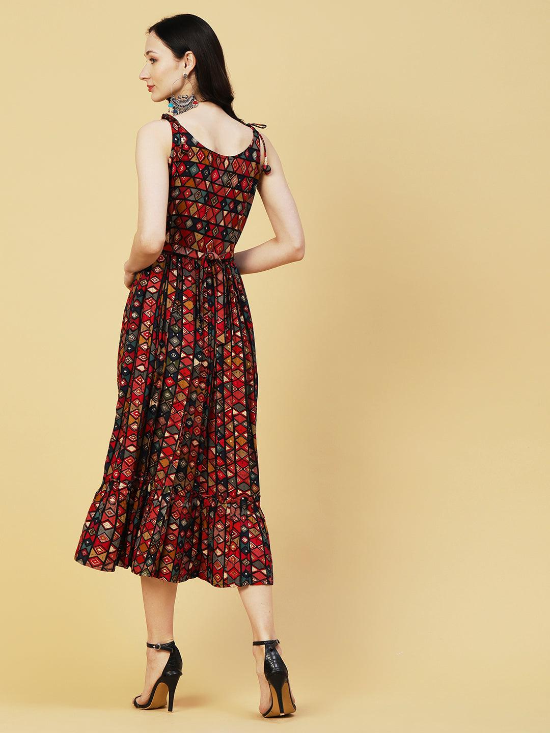 Abstract Geometric Foil Printed A-Line Fit & Flare Midi Dress with Belt - Multi - Indiakreations