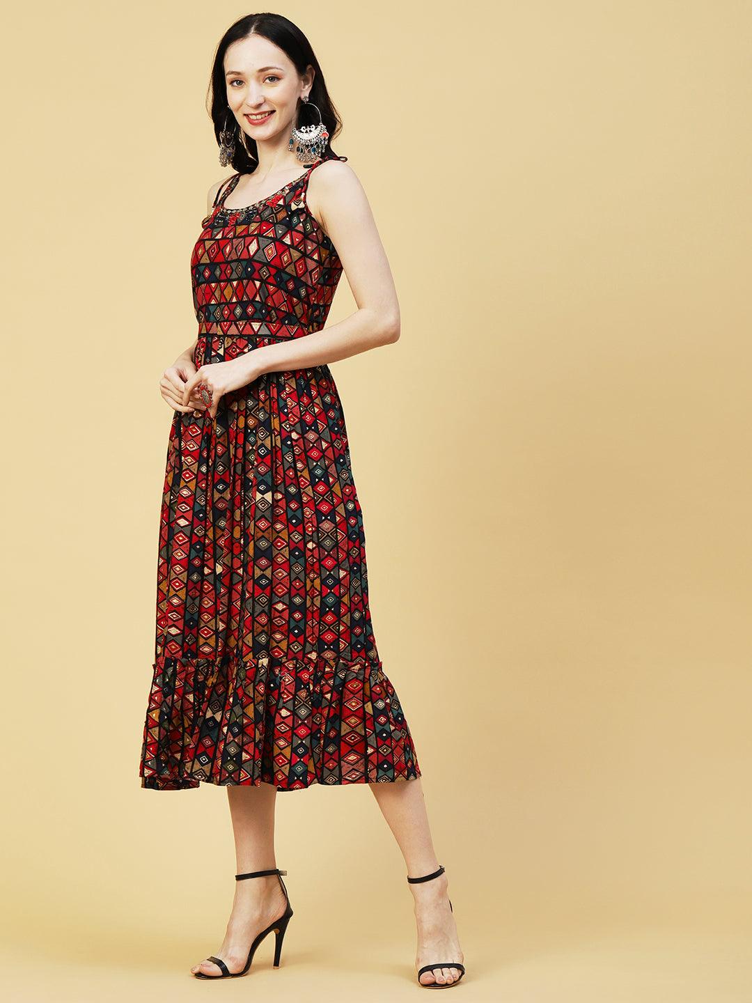 Abstract Geometric Foil Printed A-Line Fit & Flare Midi Dress with Belt - Multi - Indiakreations