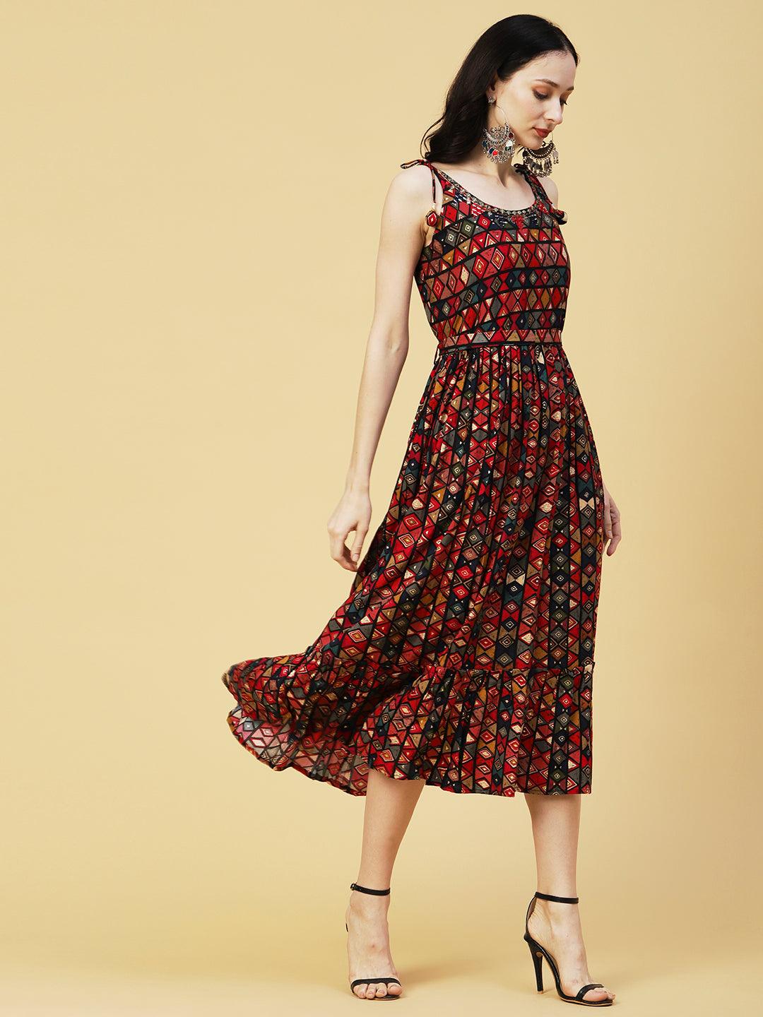 Abstract Geometric Foil Printed A-Line Fit & Flare Midi Dress with Belt - Multi - Indiakreations