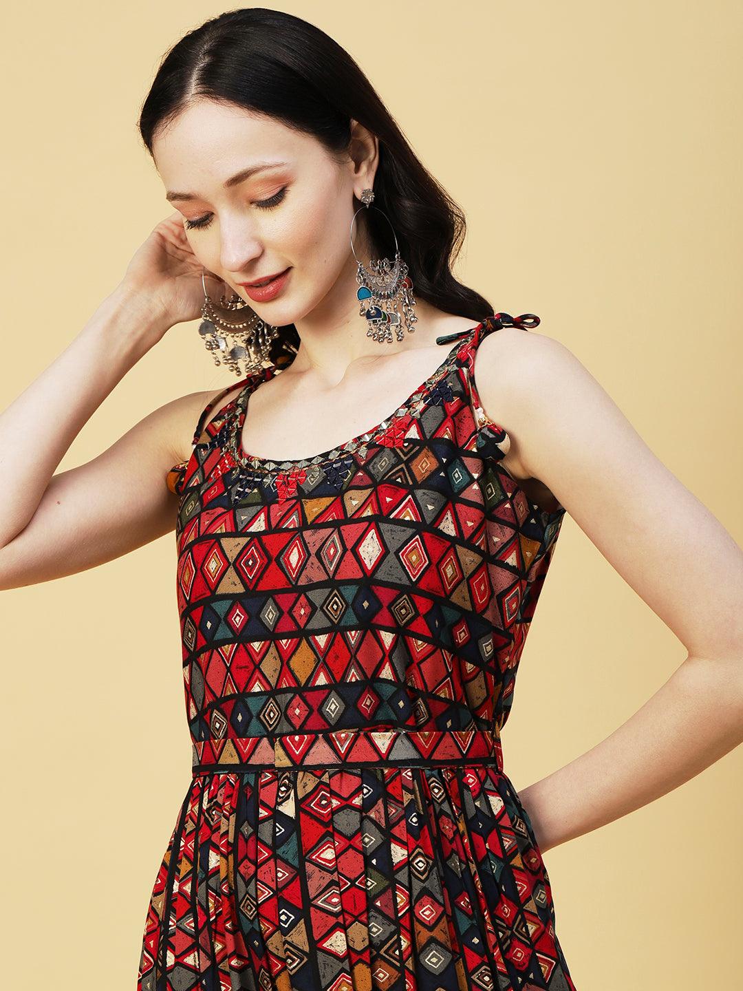 Abstract Geometric Foil Printed A-Line Fit & Flare Midi Dress with Belt - Multi - Indiakreations