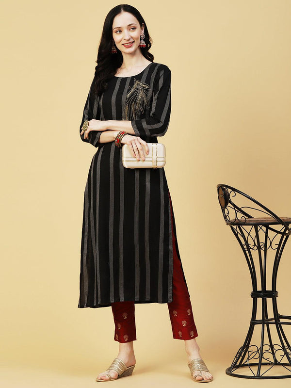 Woven Stripes & Ethnic Hand Embroidered Straight Fit Kurta - Black - Indiakreations