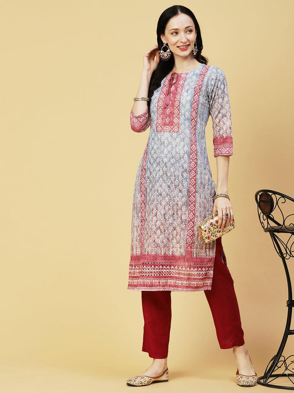 Ombre Dyed & Chikankari Embroidered Straight Fit Kurta - Blue - Indiakreations