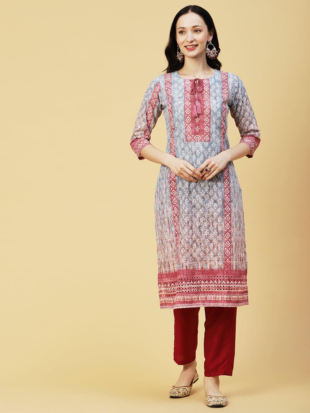 Ombre Dyed & Chikankari Embroidered Straight Fit Kurta - Blue - Indiakreations