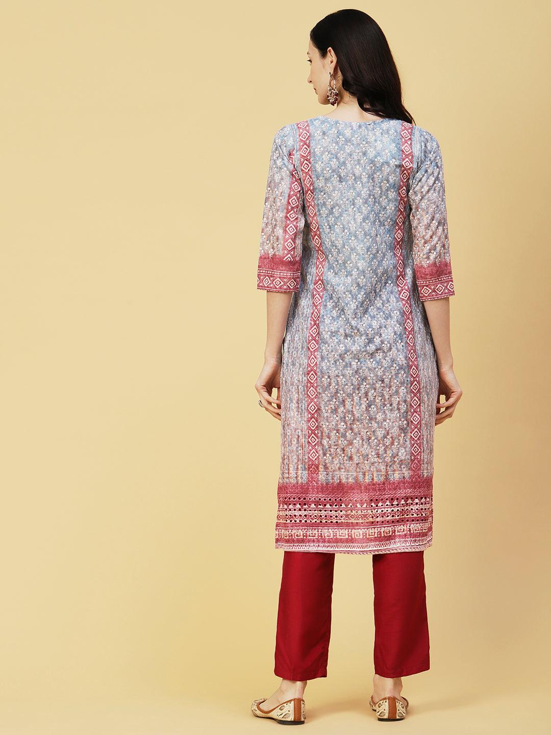 Ombre Dyed & Chikankari Embroidered Straight Fit Kurta - Blue - Indiakreations