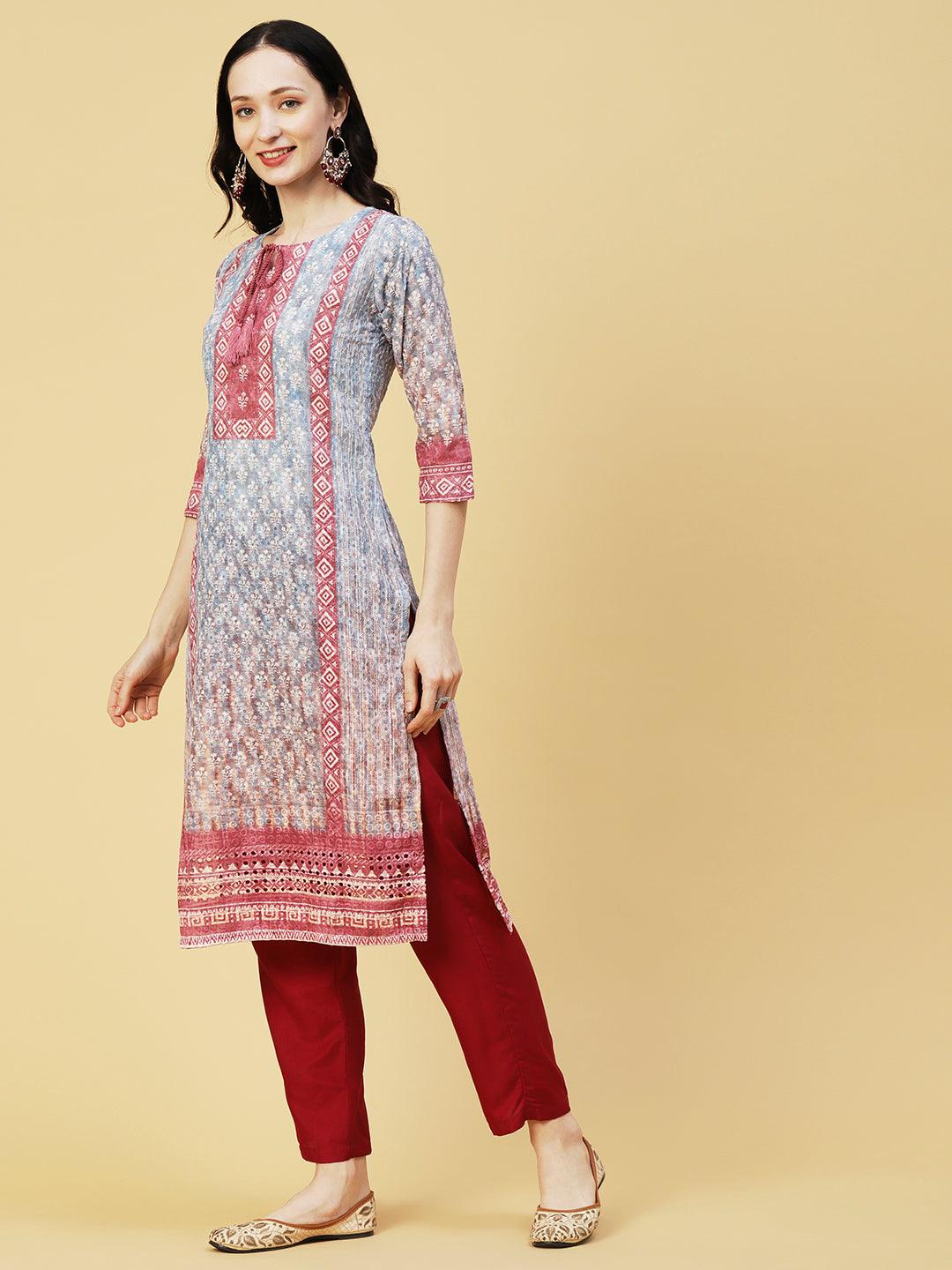 Ombre Dyed & Chikankari Embroidered Straight Fit Kurta - Blue - Indiakreations