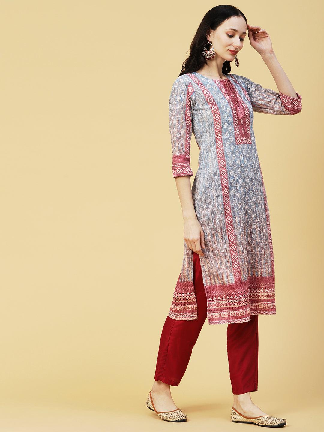 Ombre Dyed & Chikankari Embroidered Straight Fit Kurta - Blue - Indiakreations