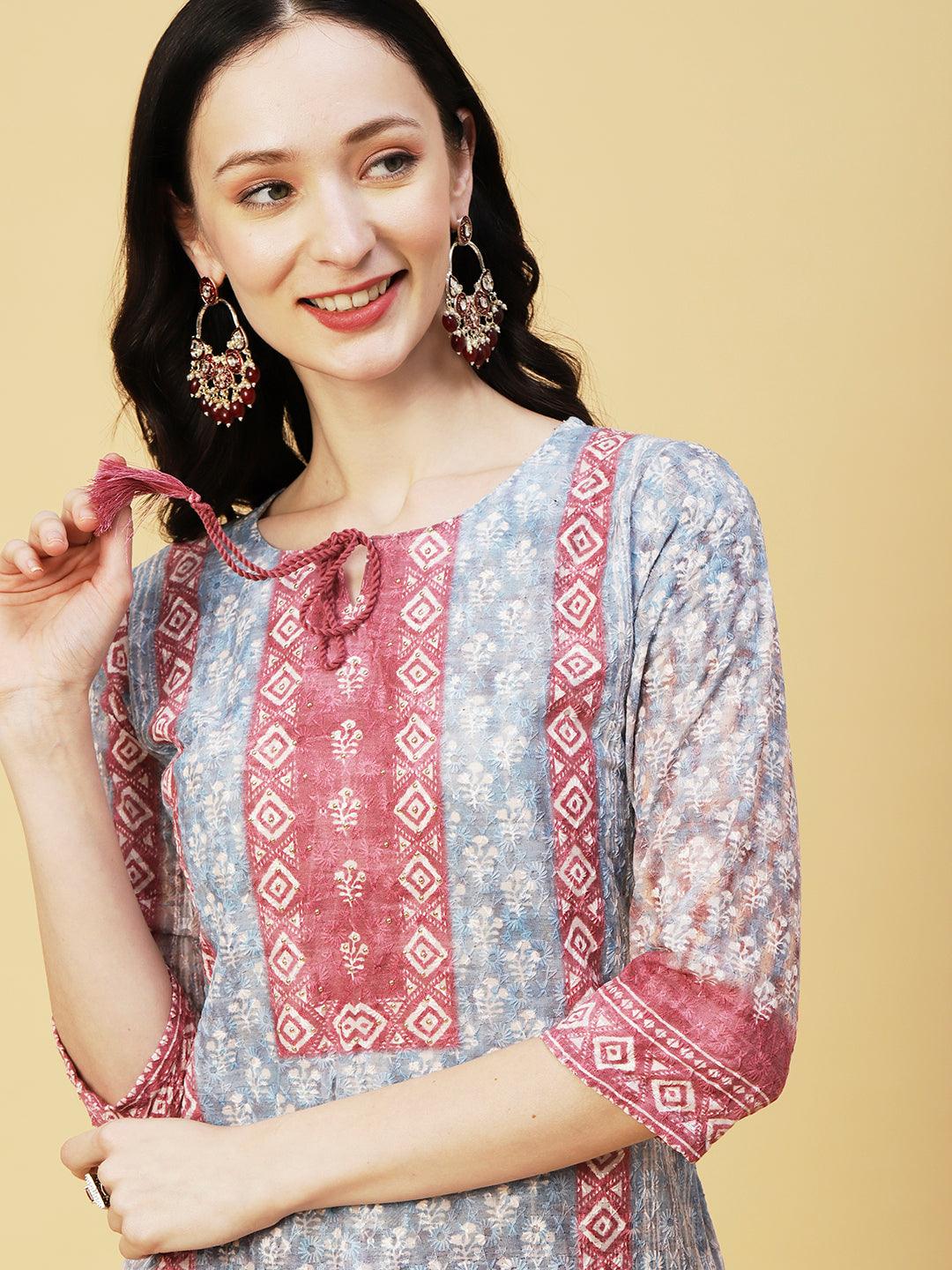 Ombre Dyed & Chikankari Embroidered Straight Fit Kurta - Blue - Indiakreations