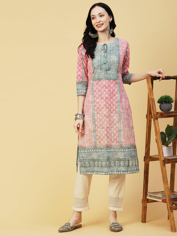 Ombre Dyed & Chikankari Embroidered Straight Fit Kurta - Pink - Indiakreations