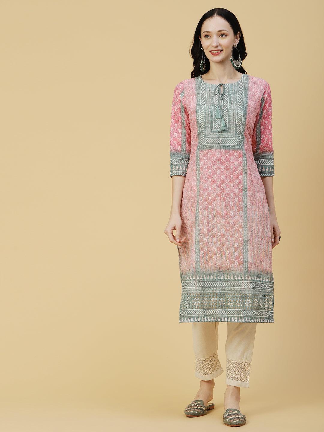 Ombre Dyed & Chikankari Embroidered Straight Fit Kurta - Pink - Indiakreations