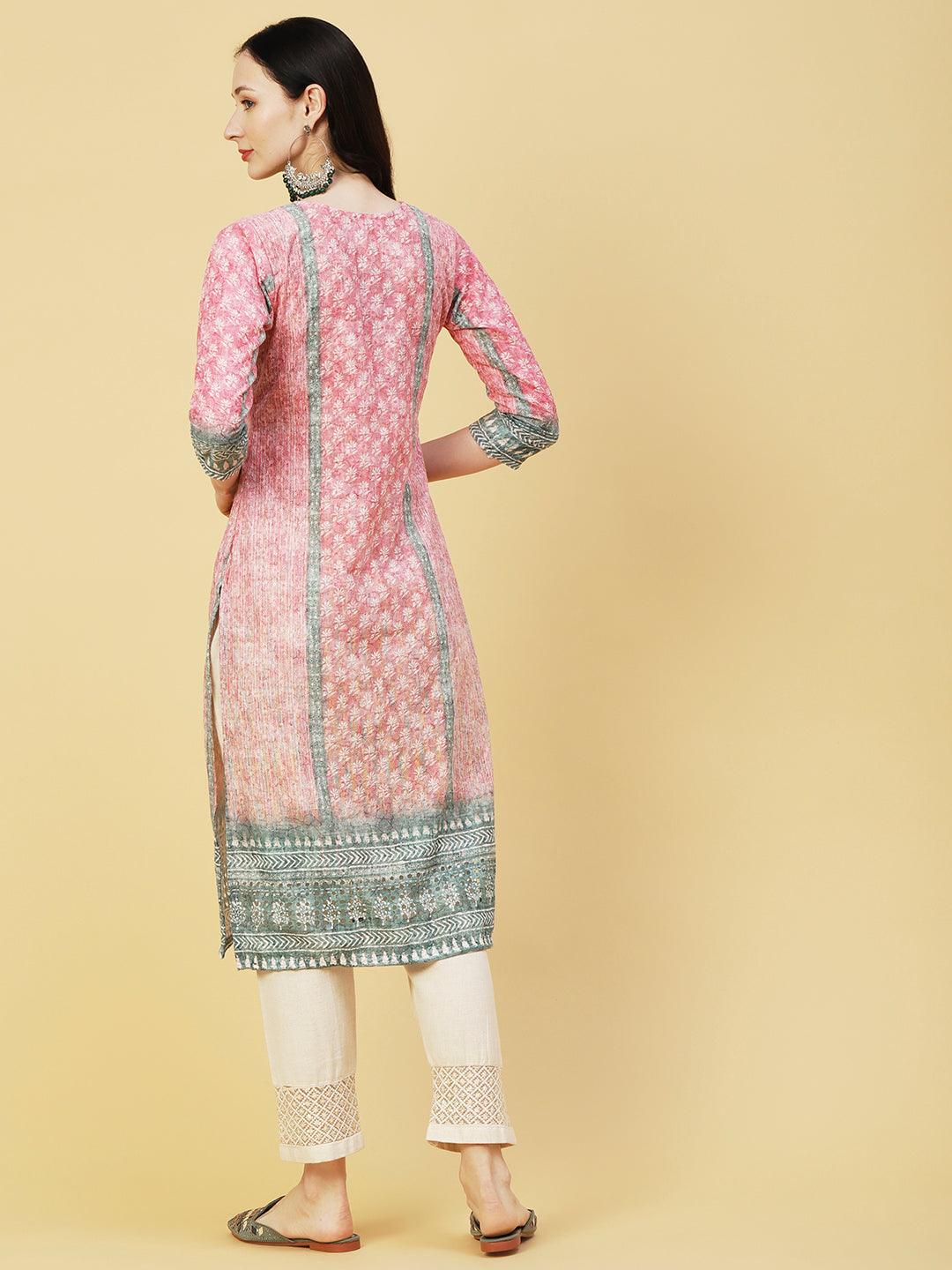 Ombre Dyed & Chikankari Embroidered Straight Fit Kurta - Pink - Indiakreations