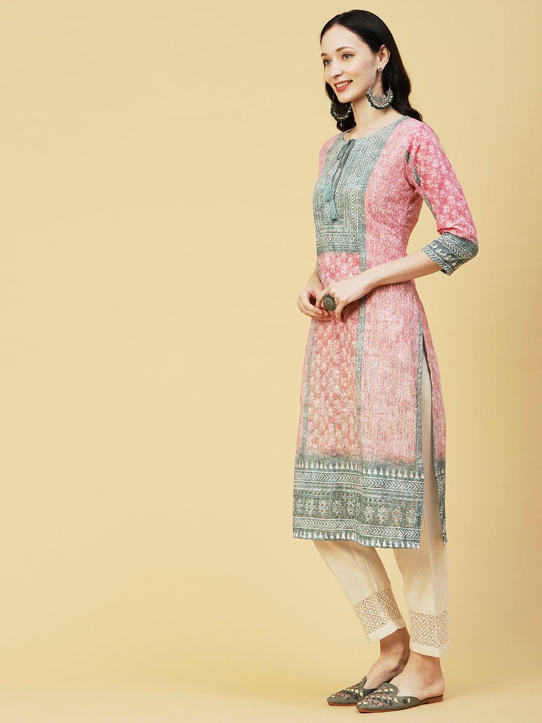 Ombre Dyed & Chikankari Embroidered Straight Fit Kurta - Pink - Indiakreations