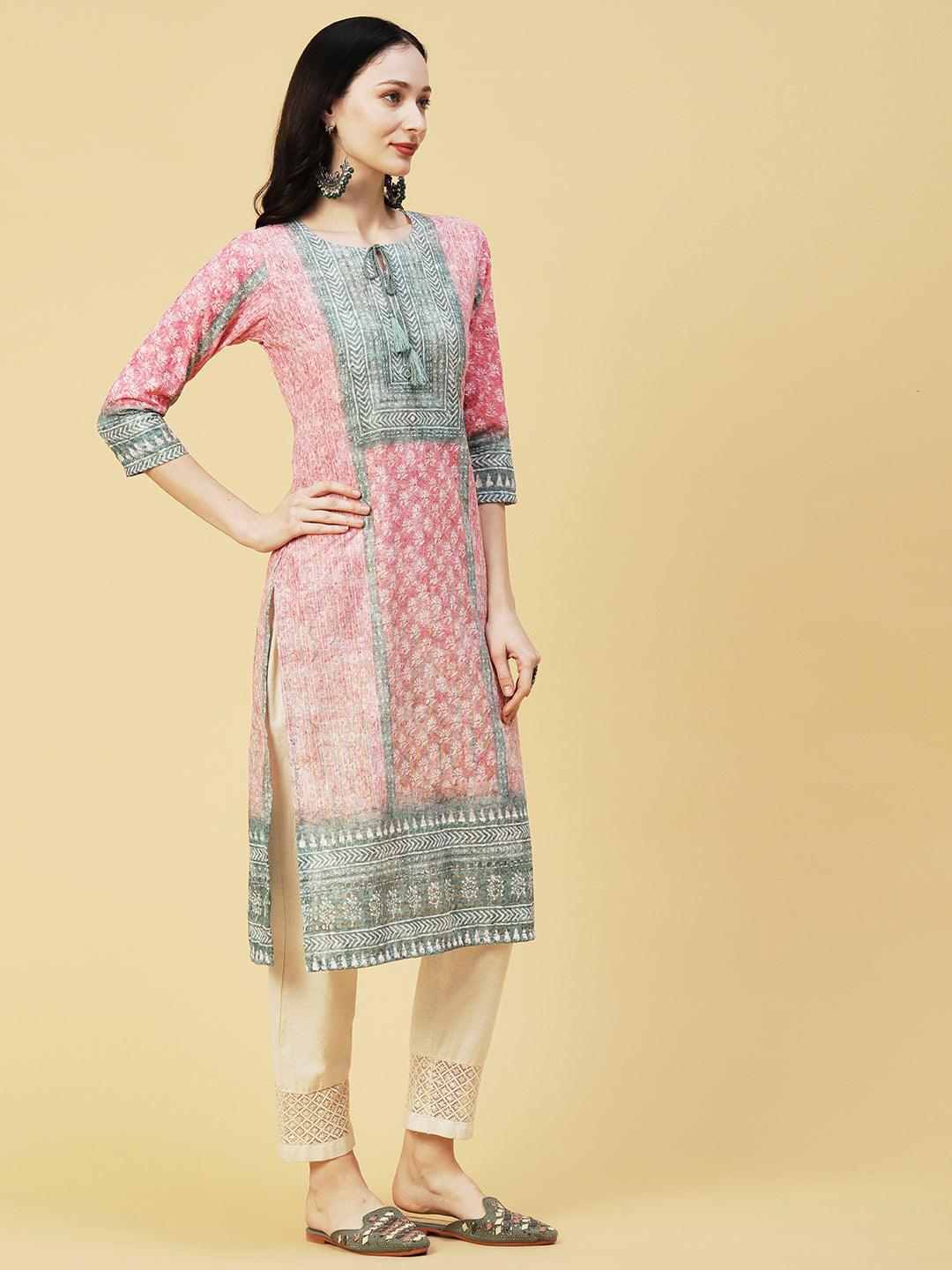 Ombre Dyed & Chikankari Embroidered Straight Fit Kurta - Pink - Indiakreations