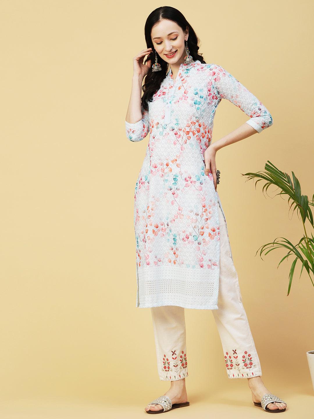 Floral Printed & Chikankari Embroidered Straight Fit Kurta - Aqua Blue - Indiakreations