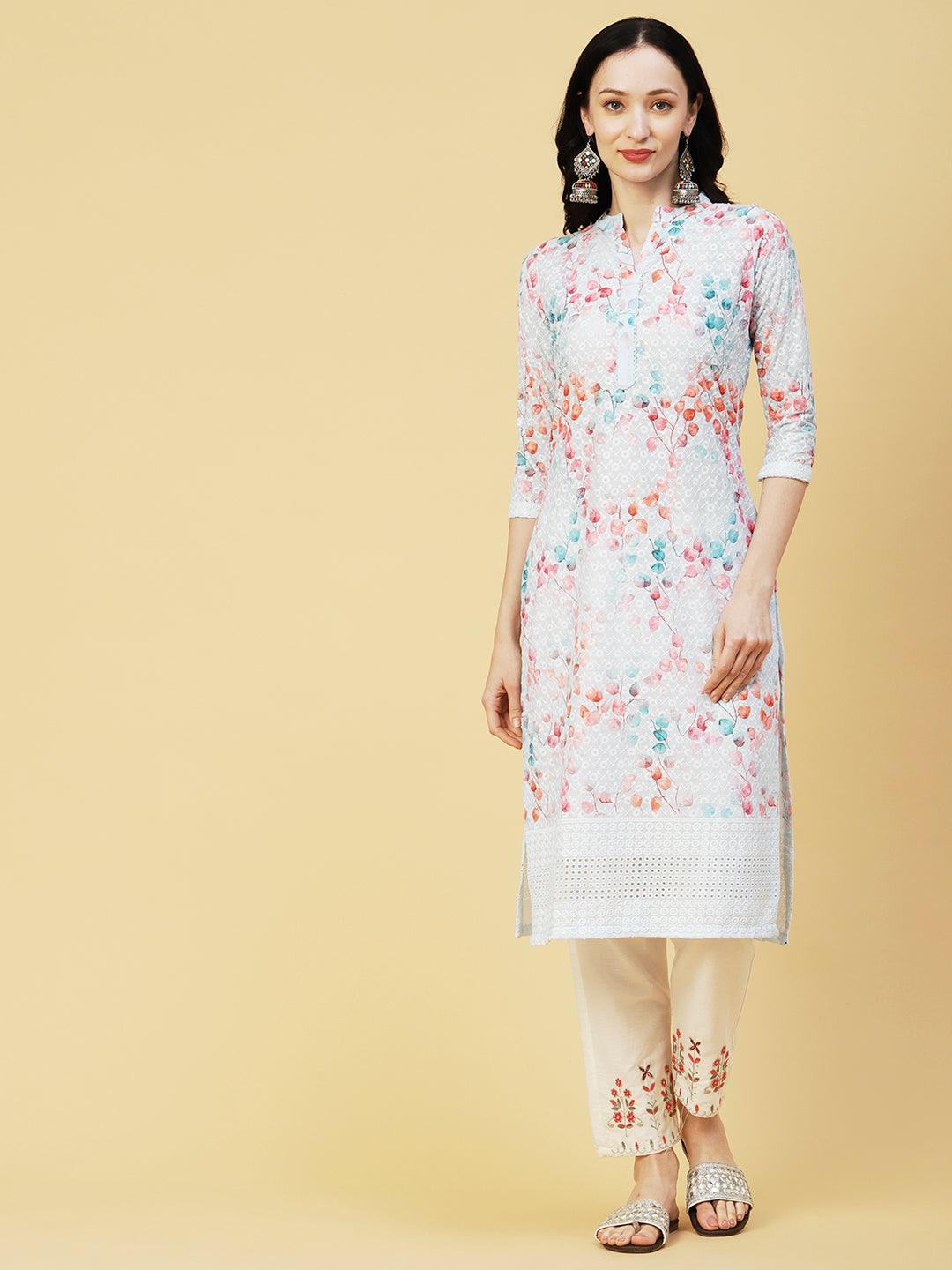 Floral Printed & Chikankari Embroidered Straight Fit Kurta - Aqua Blue - Indiakreations