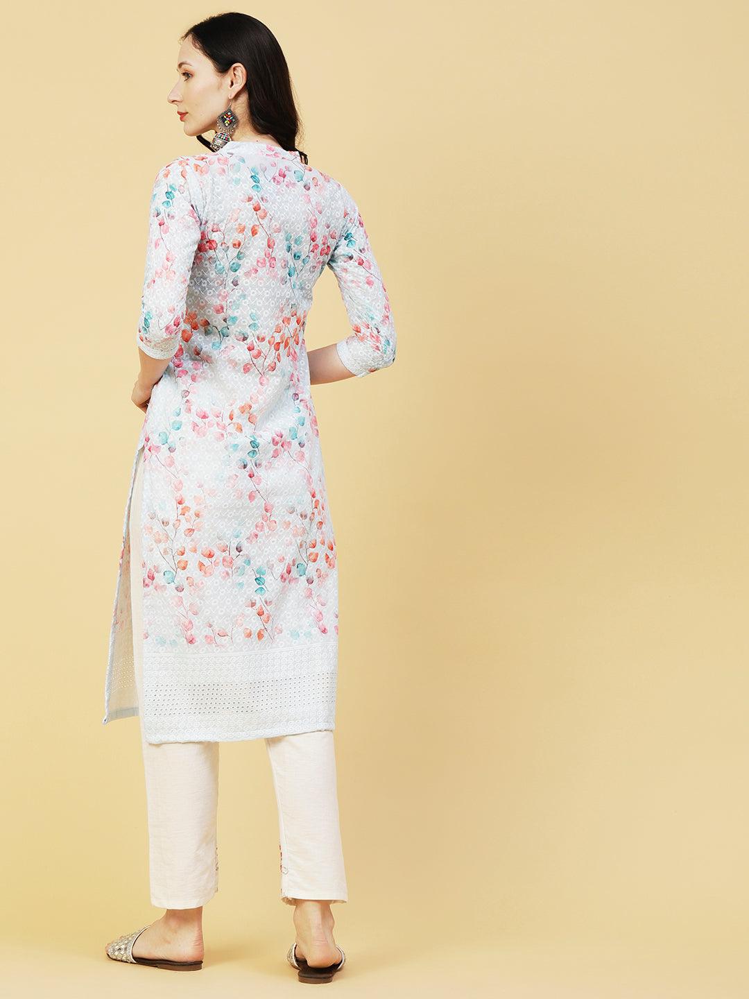 Floral Printed & Chikankari Embroidered Straight Fit Kurta - Aqua Blue - Indiakreations