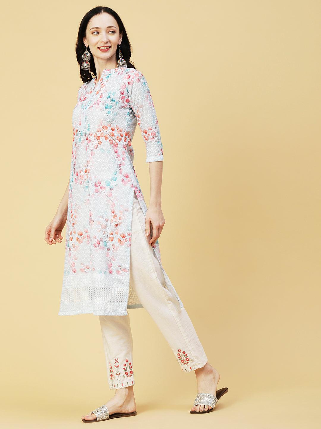 Floral Printed & Chikankari Embroidered Straight Fit Kurta - Aqua Blue - Indiakreations