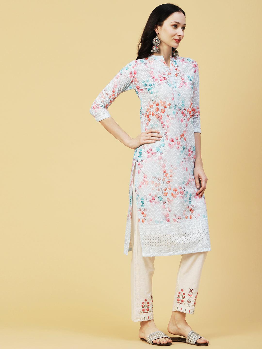 Floral Printed & Chikankari Embroidered Straight Fit Kurta - Aqua Blue - Indiakreations