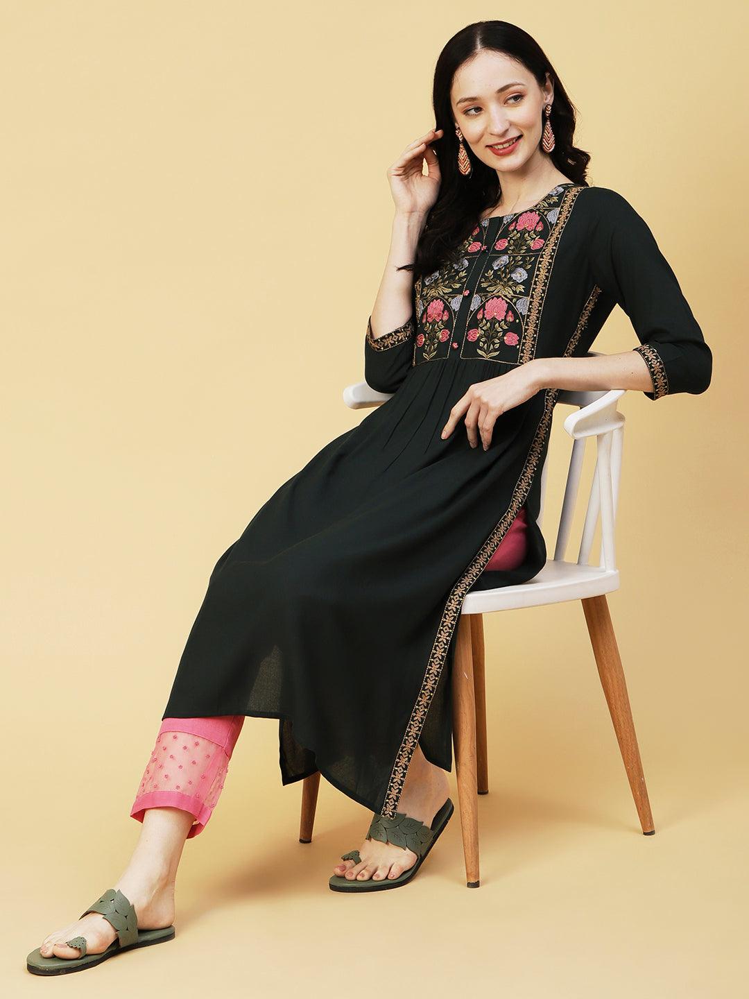 Floral Embroidered A-line Pleated Kurta - Dark Green - Indiakreations