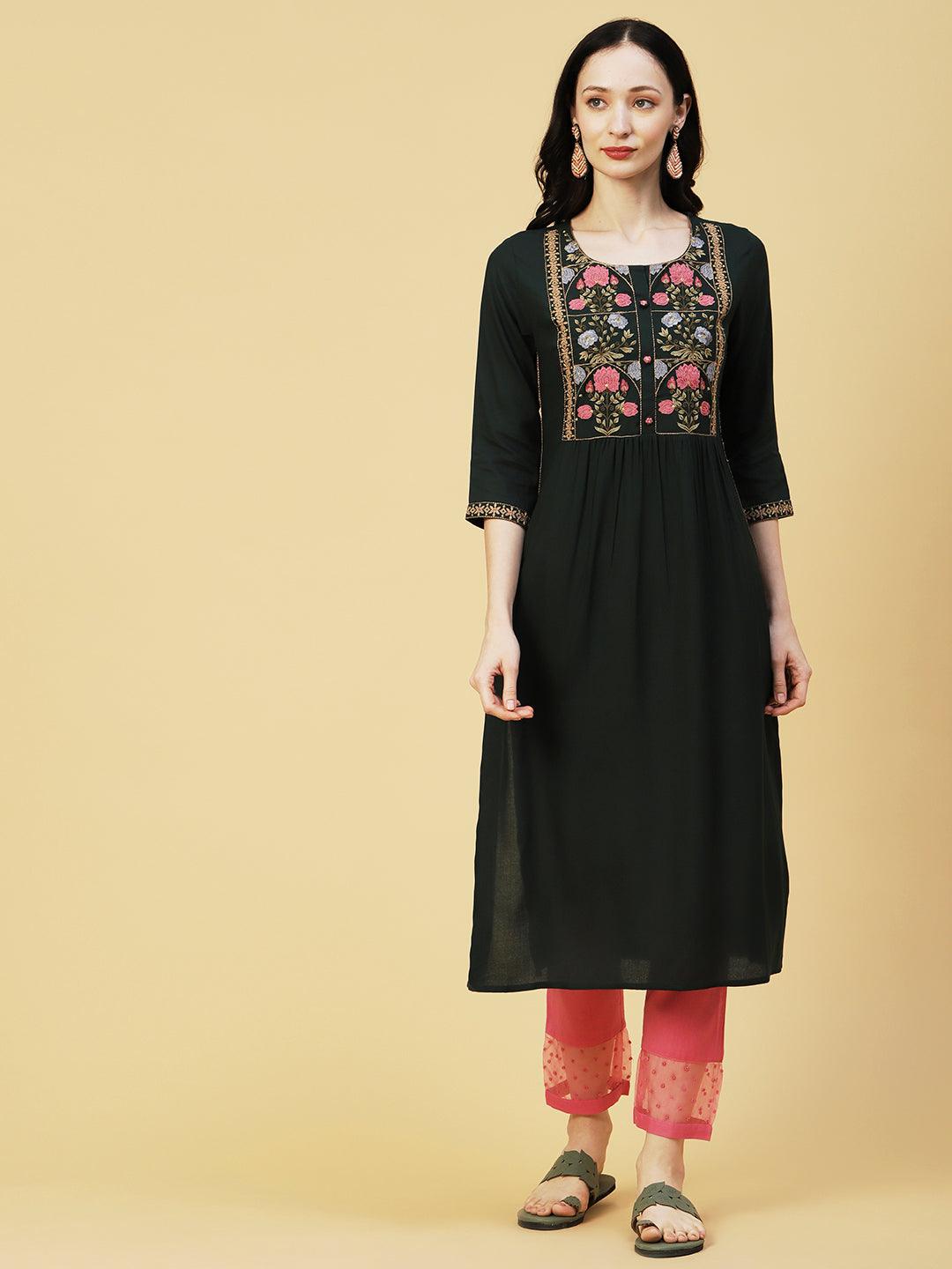 Floral Embroidered A-line Pleated Kurta - Dark Green - Indiakreations