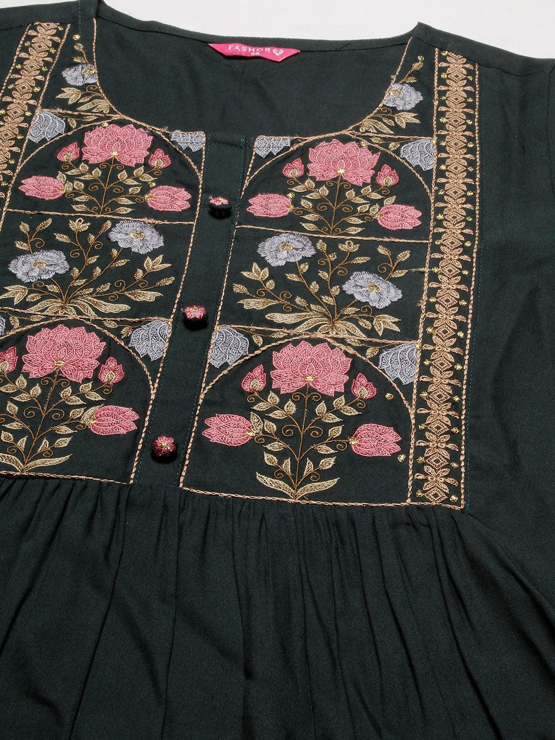 Floral Embroidered A-line Pleated Kurta - Dark Green - Indiakreations