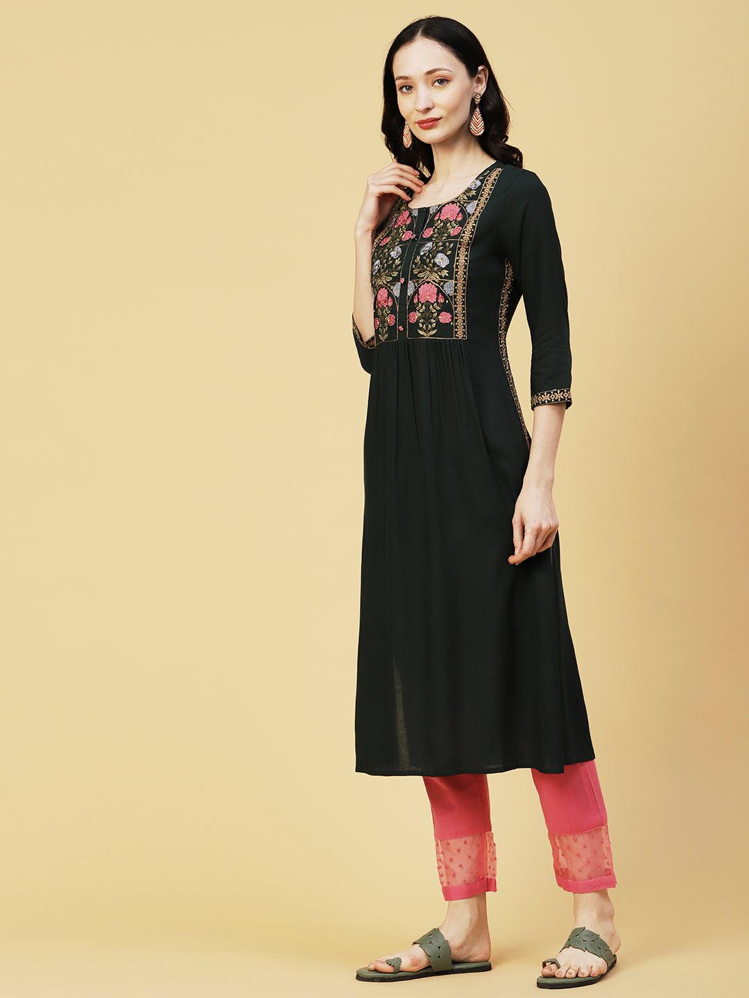 Floral Embroidered A-line Pleated Kurta - Dark Green - Indiakreations