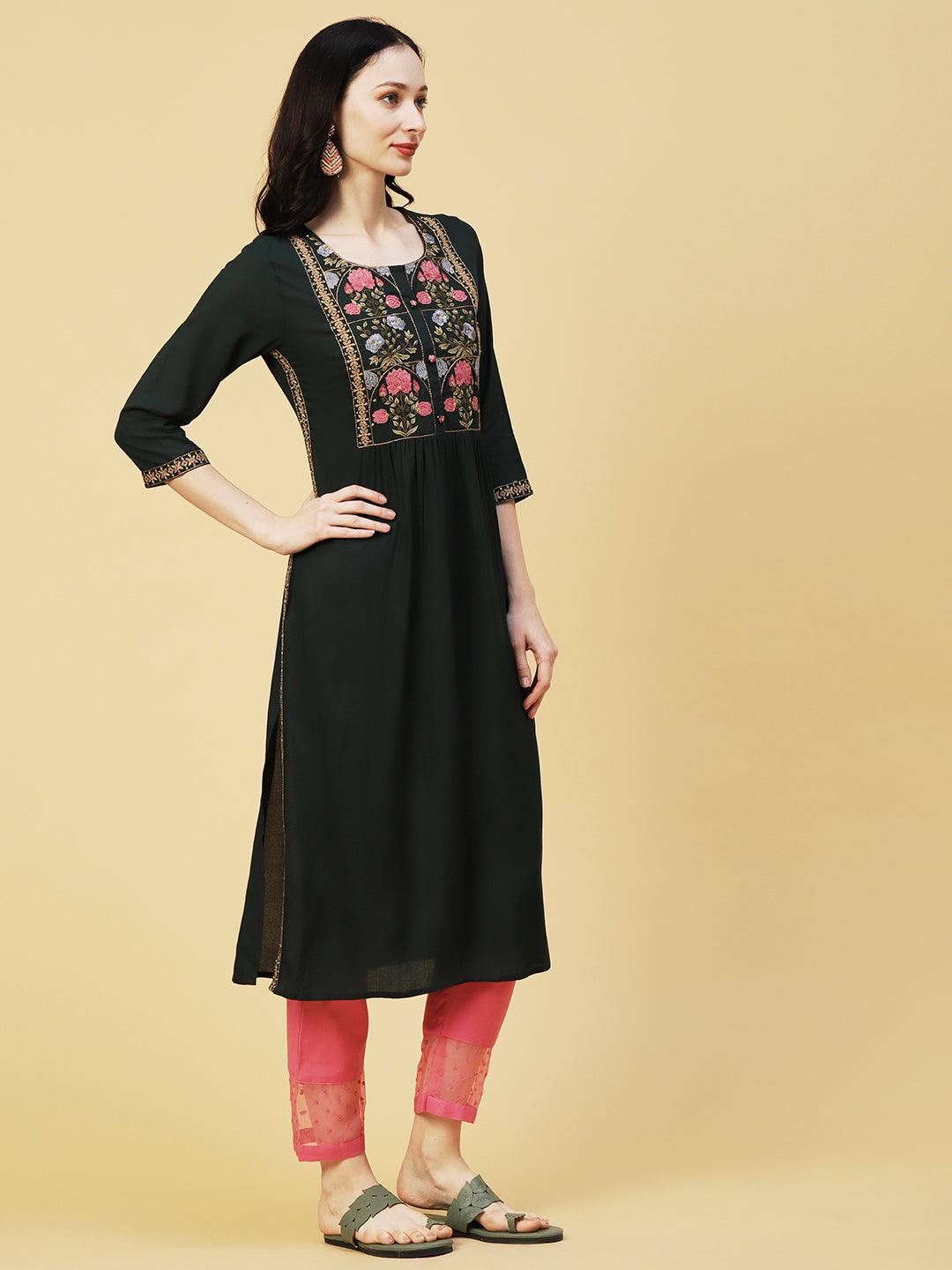 Floral Embroidered A-line Pleated Kurta - Dark Green - Indiakreations