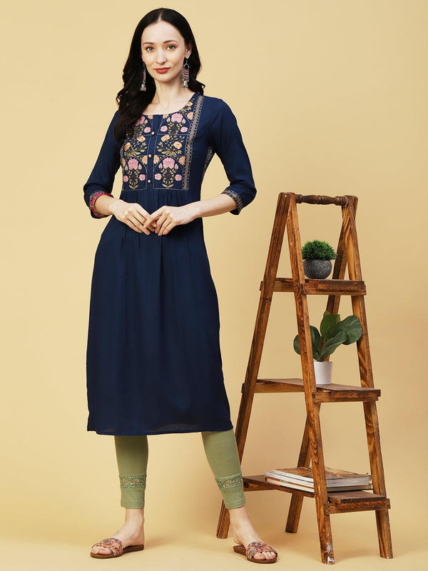 Floral Embroidered A-line Pleated Kurta - Navy Blue - Indiakreations