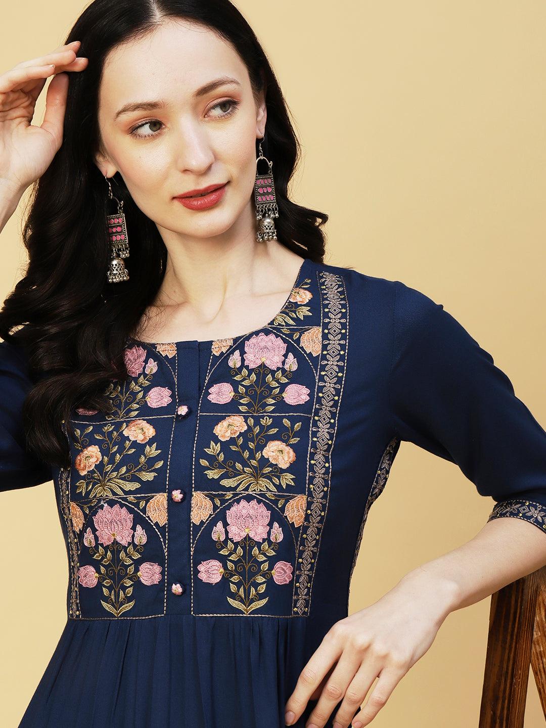 Floral Embroidered A-line Pleated Kurta - Navy Blue - Indiakreations