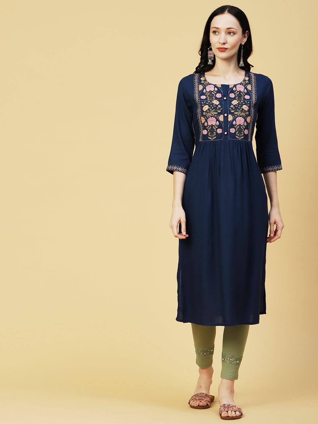 Floral Embroidered A-line Pleated Kurta - Navy Blue - Indiakreations