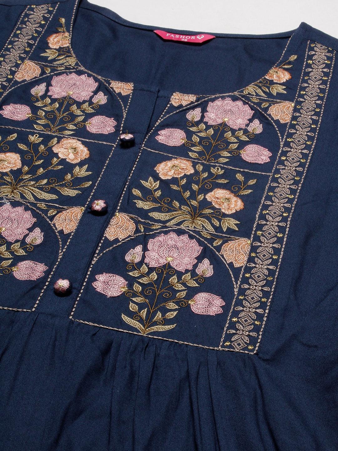 Floral Embroidered A-line Pleated Kurta - Navy Blue - Indiakreations